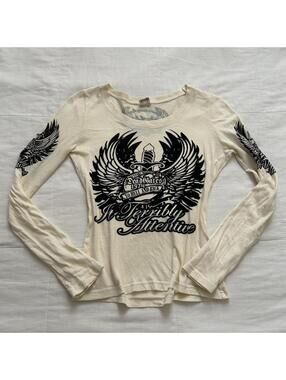 D.i.a. Cream and Black biker print long sleeve fitted tee Size small